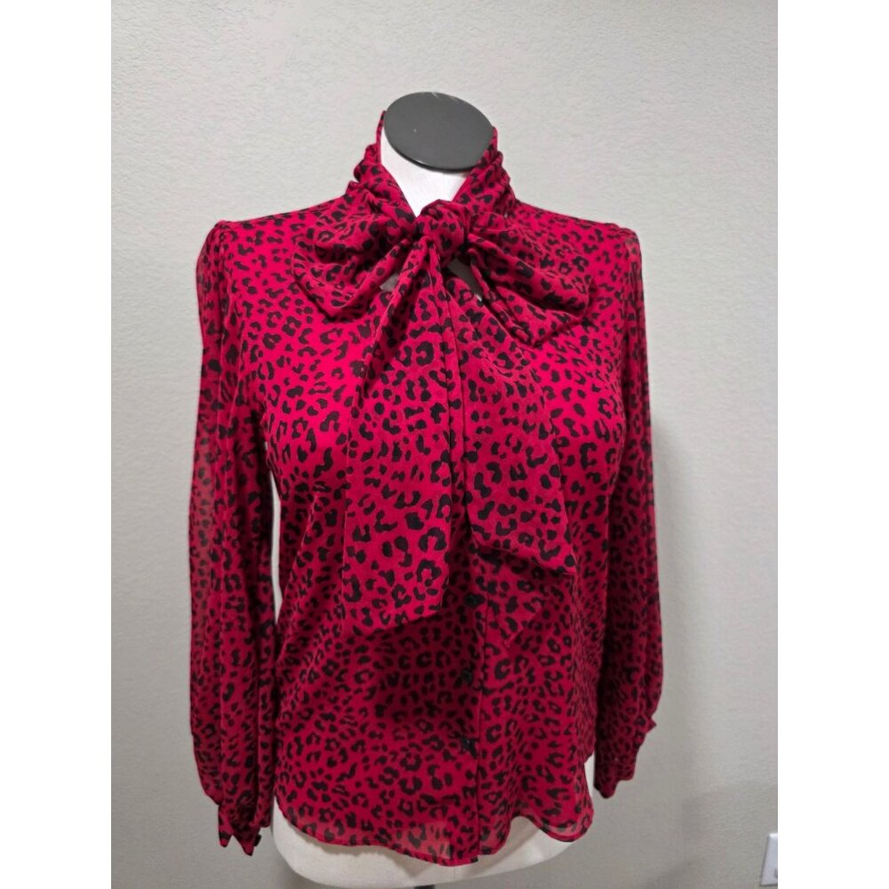 Chicos Red Leopard Print Button-Down Blouse With … - image 1